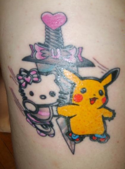 Hello Kitty tattoo design that includes Pikachu. Great design.